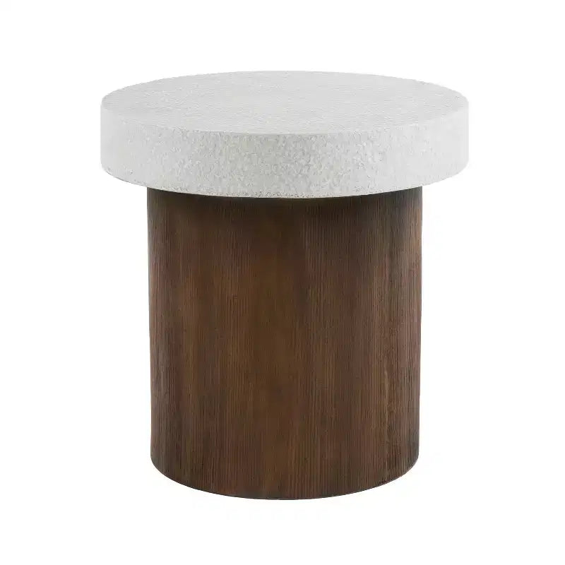 Tavolino cilindrico bianco, effetto finto marmo e legno, 1 pezzo
