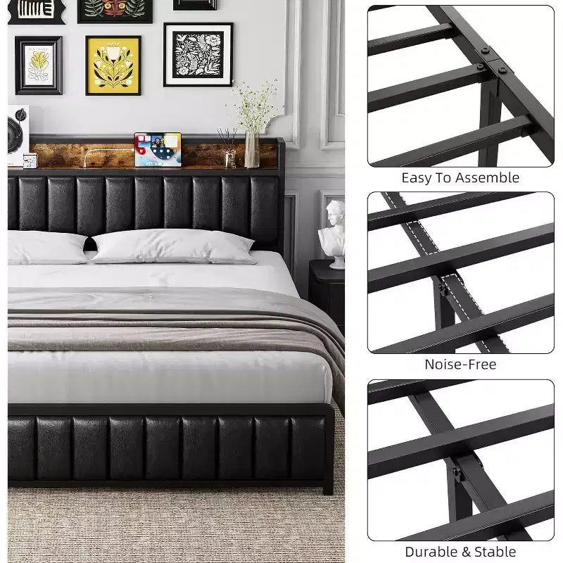 Letto a piattaforma imbottito nero con contenitore, Full, 1 persona