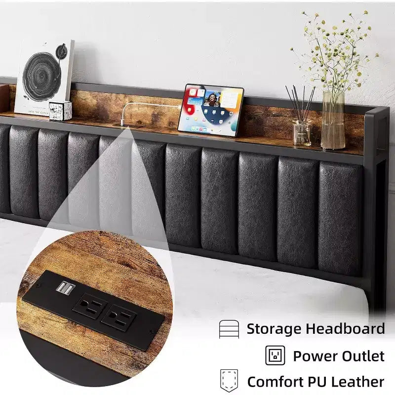 Letto a piattaforma imbottito nero con contenitore, Full, 1 persona