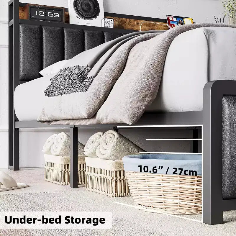Letto a piattaforma imbottito nero con contenitore, Full, 1 persona