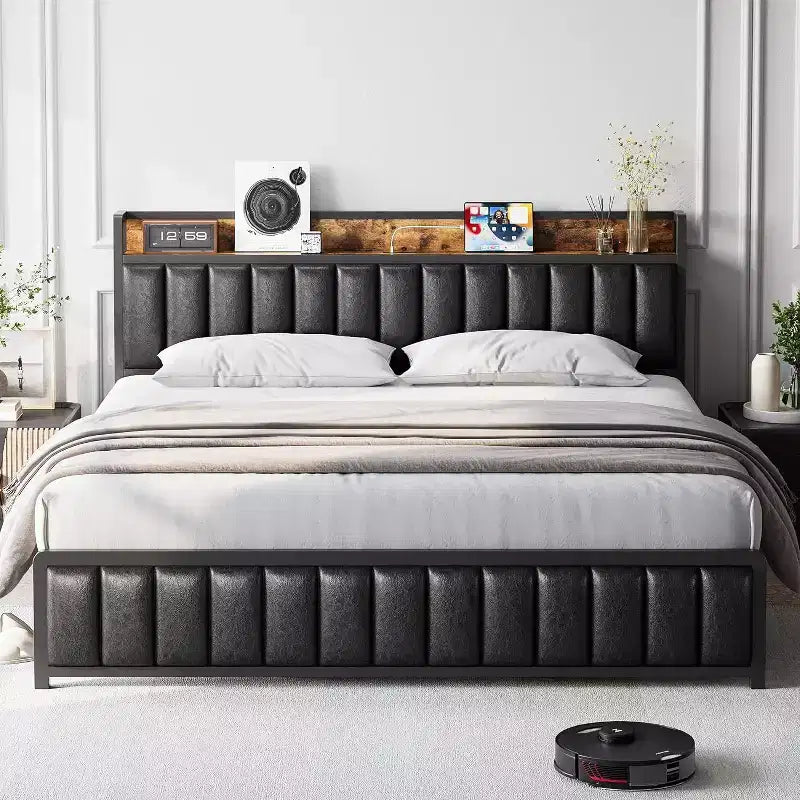 Letto a piattaforma imbottito nero con contenitore, Full, 1 persona
