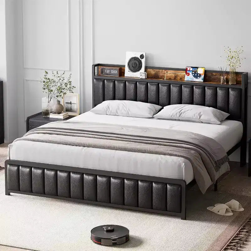 Letto a piattaforma imbottito nero con contenitore, Full, 1 persona