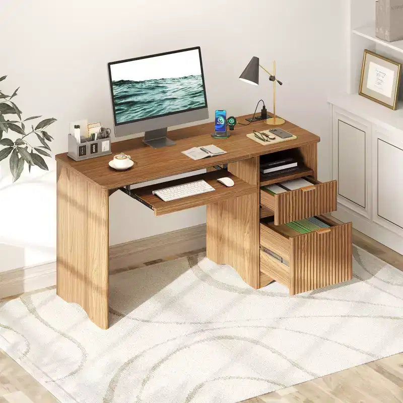 Scrivania da 55" con prese di corrente, vassoio per tastiera e cassetti – Nero / Rovere marrone / Rovere naturale / Noce, 1 persona