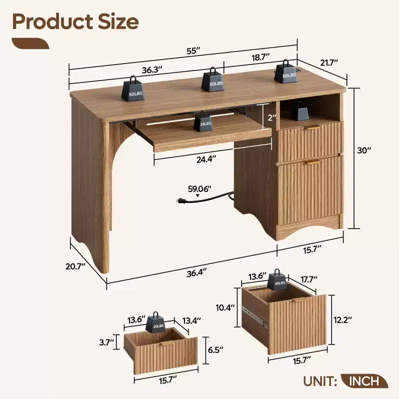 Scrivania da 55" con prese di corrente, vassoio per tastiera e cassetti – Nero / Rovere marrone / Rovere naturale / Noce, 1 persona