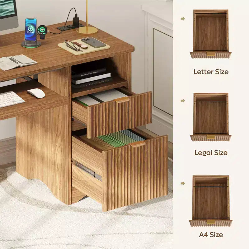 Scrivania da 55" con prese di corrente, vassoio per tastiera e cassetti – Nero / Rovere marrone / Rovere naturale / Noce, 1 persona