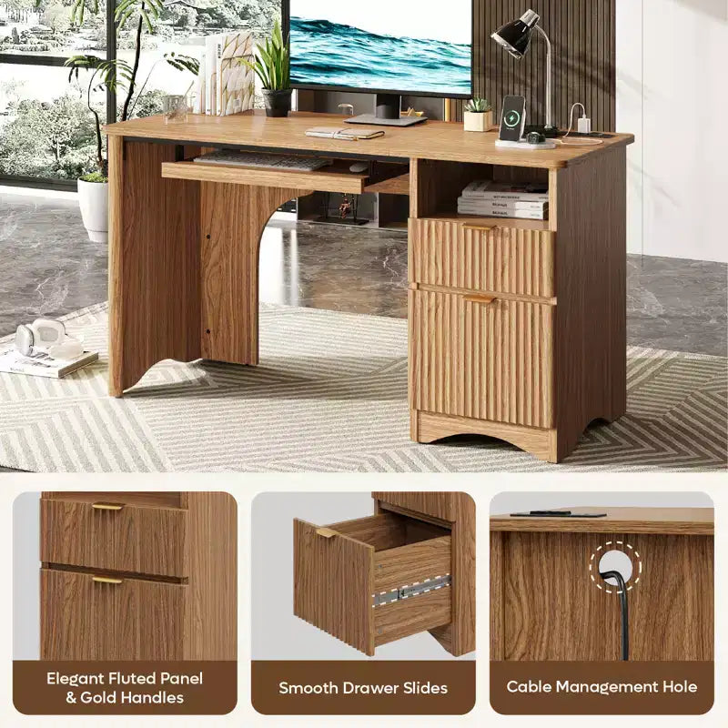 Scrivania da 55" con prese di corrente, vassoio per tastiera e cassetti – Nero / Rovere marrone / Rovere naturale / Noce, 1 persona