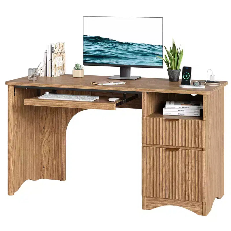 Scrivania da 55" con prese di corrente, vassoio per tastiera e cassetti – Nero / Rovere marrone / Rovere naturale / Noce, 1 persona