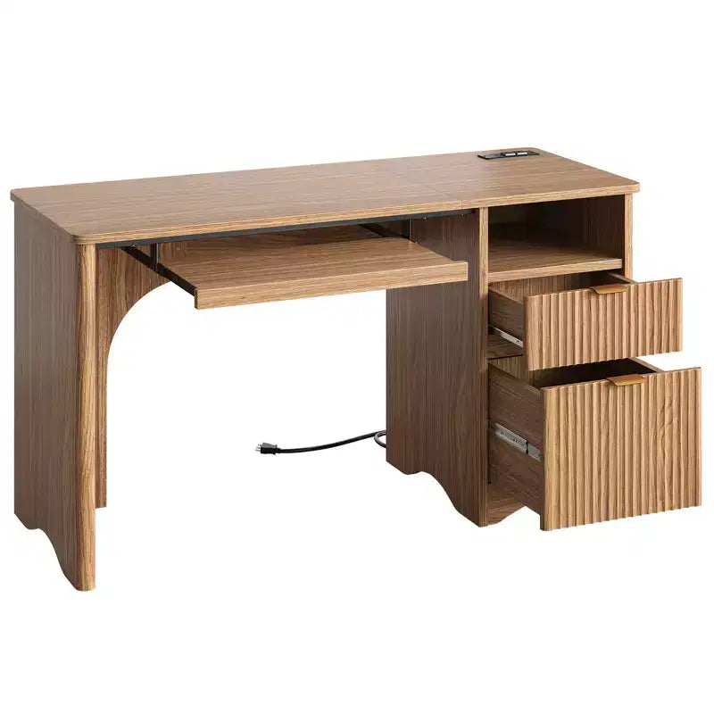 Scrivania da 55" con prese di corrente, vassoio per tastiera e cassetti – Nero / Rovere marrone / Rovere naturale / Noce, 1 persona