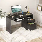 Scrivania da 55" con prese di corrente, vassoio per tastiera e cassetti – Nero / Rovere marrone / Rovere naturale / Noce, 1 persona