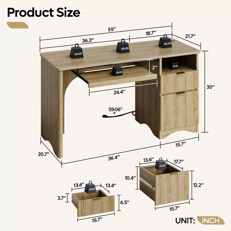Scrivania da 55" con prese di corrente, vassoio per tastiera e cassetti – Nero / Rovere marrone / Rovere naturale / Noce, 1 persona