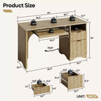 Scrivania da 55" con prese di corrente, vassoio per tastiera e cassetti – Nero / Rovere marrone / Rovere naturale / Noce, 1 persona