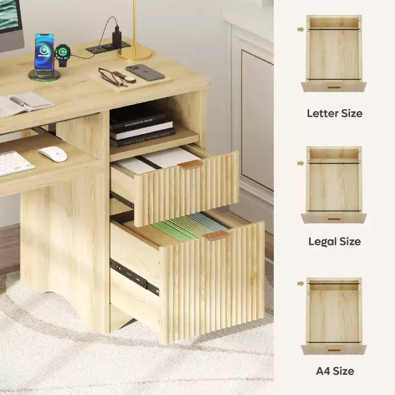 Scrivania da 55" con prese di corrente, vassoio per tastiera e cassetti – Nero / Rovere marrone / Rovere naturale / Noce, 1 persona