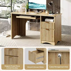 Scrivania da 55" con prese di corrente, vassoio per tastiera e cassetti – Nero / Rovere marrone / Rovere naturale / Noce, 1 persona