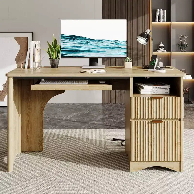Scrivania da 55" con prese di corrente, vassoio per tastiera e cassetti – Nero / Rovere marrone / Rovere naturale / Noce, 1 persona