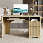 Scrivania da 55" con prese di corrente, vassoio per tastiera e cassetti – Nero / Rovere marrone / Rovere naturale / Noce, 1 persona