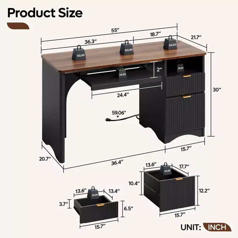 Scrivania da 55" con prese di corrente, vassoio per tastiera e cassetti – Nero / Rovere marrone / Rovere naturale / Noce, 1 persona