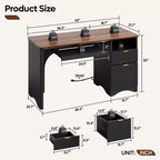 Scrivania da 55" con prese di corrente, vassoio per tastiera e cassetti – Nero / Rovere marrone / Rovere naturale / Noce, 1 persona