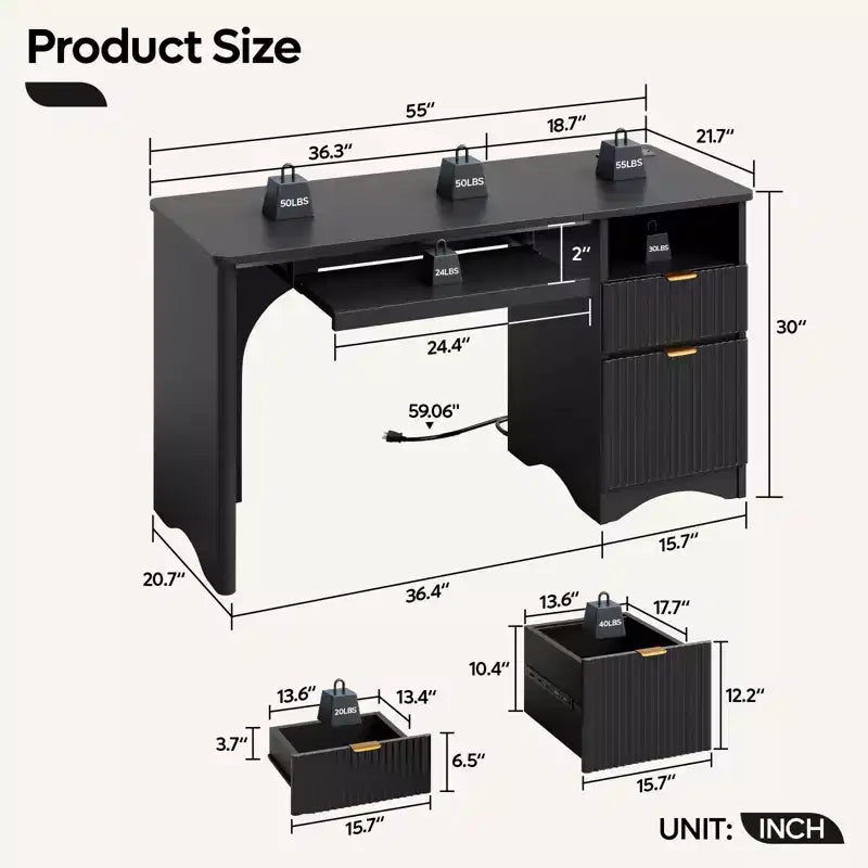 Scrivania da 55" con prese di corrente, vassoio per tastiera e cassetti – Nero / Rovere marrone / Rovere naturale / Noce, 1 persona