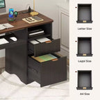 Scrivania da 55" con prese di corrente, vassoio per tastiera e cassetti – Nero / Rovere marrone / Rovere naturale / Noce, 1 persona