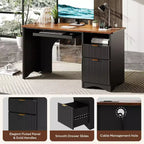 Scrivania da 55" con prese di corrente, vassoio per tastiera e cassetti – Nero / Rovere marrone / Rovere naturale / Noce, 1 persona