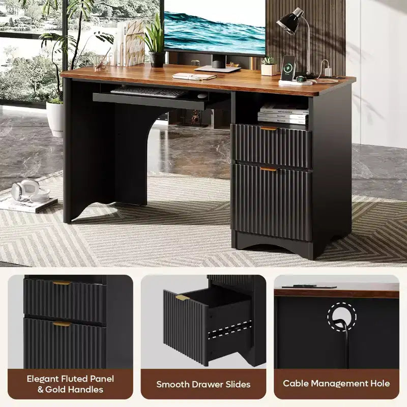 Scrivania da 55" con prese di corrente, vassoio per tastiera e cassetti – Nero / Rovere marrone / Rovere naturale / Noce, 1 persona