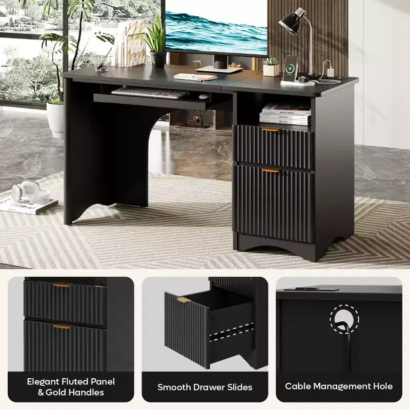 Scrivania da 55" con prese di corrente, vassoio per tastiera e cassetti – Nero / Rovere marrone / Rovere naturale / Noce, 1 persona