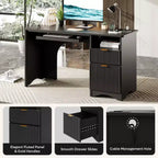 Scrivania da 55" con prese di corrente, vassoio per tastiera e cassetti – Nero / Rovere marrone / Rovere naturale / Noce, 1 persona