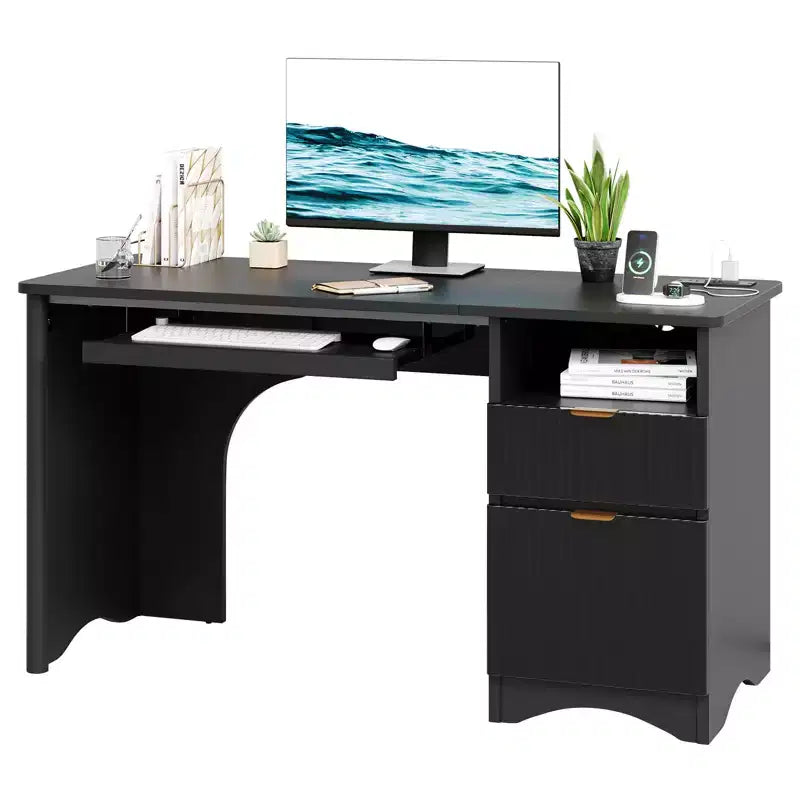 Scrivania da 55" con prese di corrente, vassoio per tastiera e cassetti – Nero / Rovere marrone / Rovere naturale / Noce, 1 persona