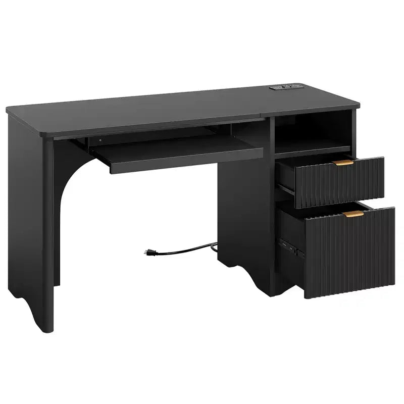 Scrivania da 55" con prese di corrente, vassoio per tastiera e cassetti – Nero / Rovere marrone / Rovere naturale / Noce, 1 persona