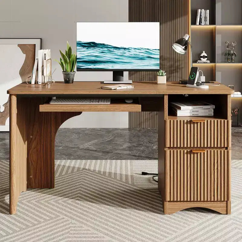 Scrivania da 55" con prese di corrente, vassoio per tastiera e cassetti – Nero / Rovere marrone / Rovere naturale / Noce, 1 persona