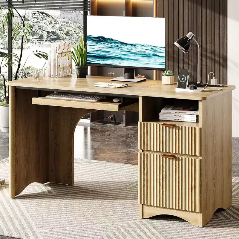 Scrivania da 55" con prese di corrente, vassoio per tastiera e cassetti – Nero / Rovere marrone / Rovere naturale / Noce, 1 persona