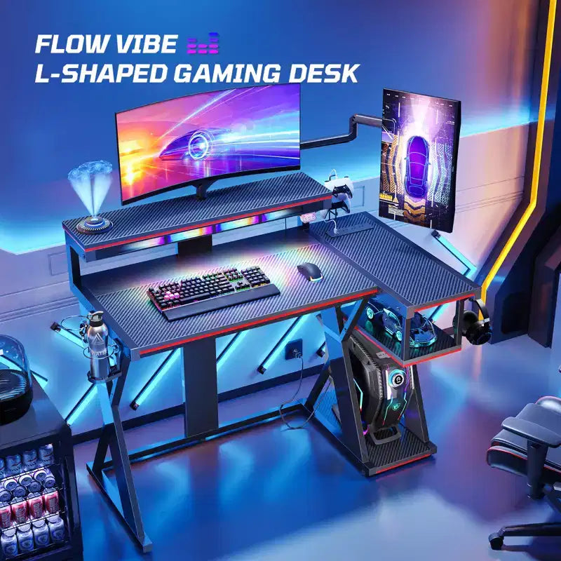 Scrivania angolare a L da gaming nera/viola con luci LED, 107 cm o 145 cm, per utente singolo