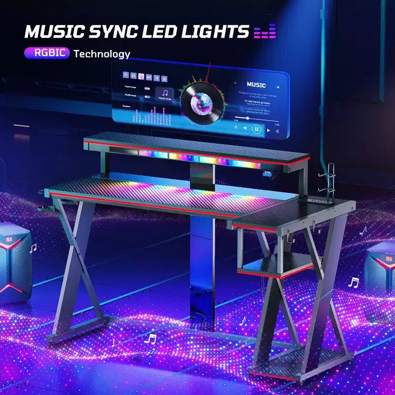 Scrivania angolare a L da gaming nera/viola con luci LED, 107 cm o 145 cm, per utente singolo