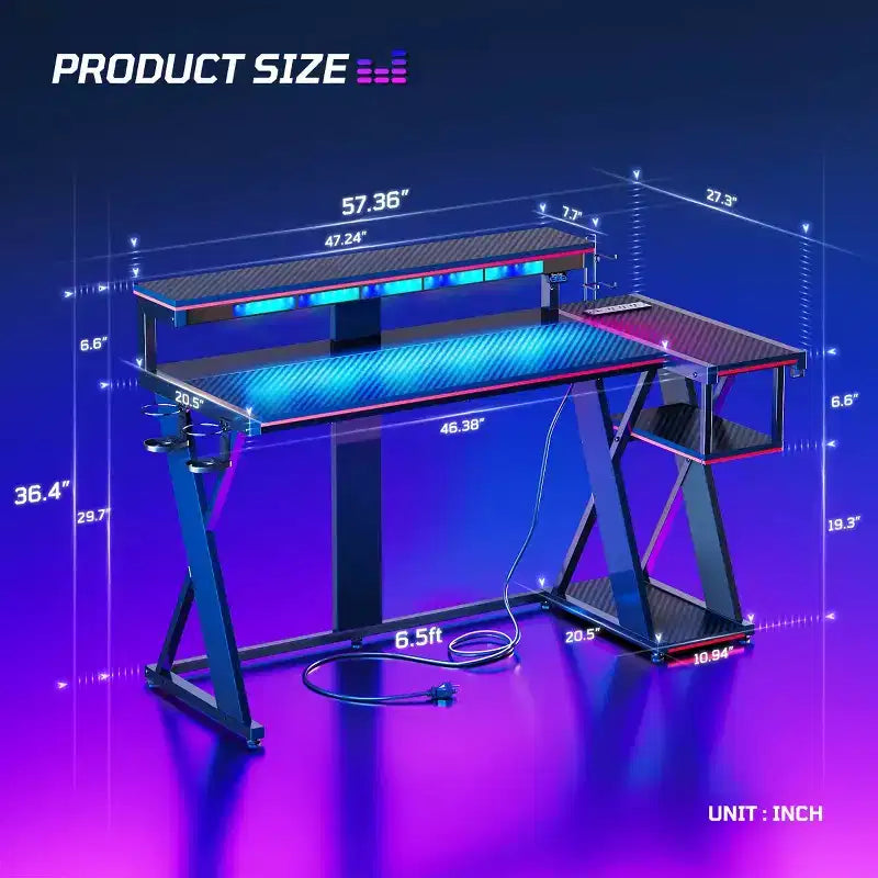 Scrivania angolare a L da gaming nera/viola con luci LED, 107 cm o 145 cm, per utente singolo