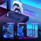 Scrivania angolare a L da gaming nera/viola con luci LED, 107 cm o 145 cm, per utente singolo