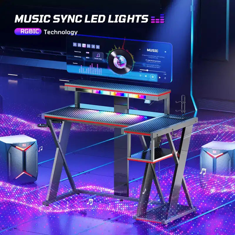 Scrivania angolare a L da gaming nera/viola con luci LED, 107 cm o 145 cm, per utente singolo