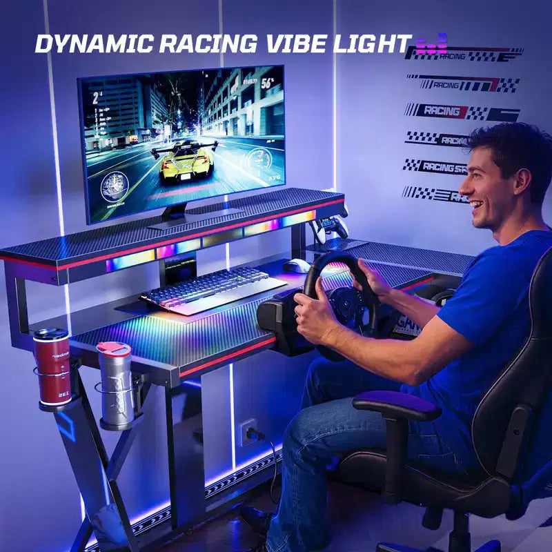 Scrivania angolare a L da gaming nera/viola con luci LED, 107 cm o 145 cm, per utente singolo