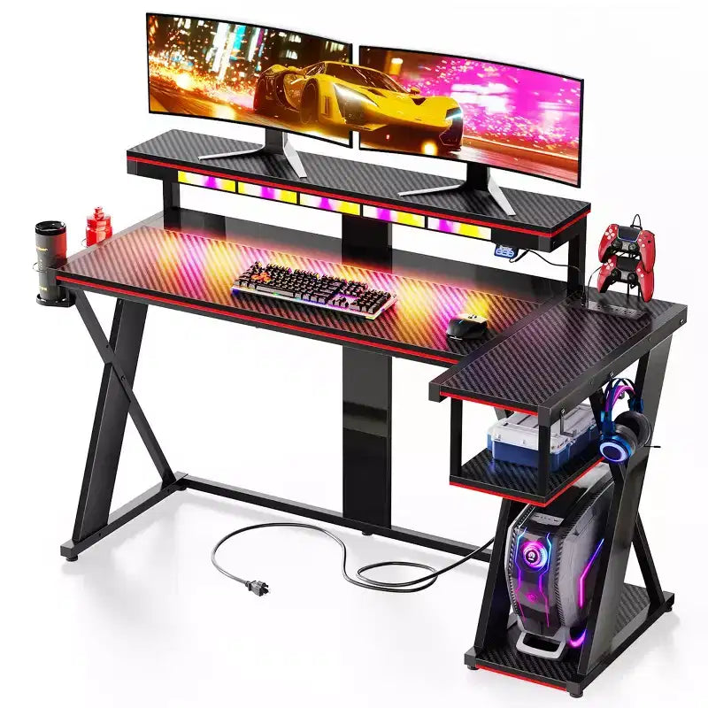 Scrivania angolare a L da gaming nera/viola con luci LED, 107 cm o 145 cm, per utente singolo