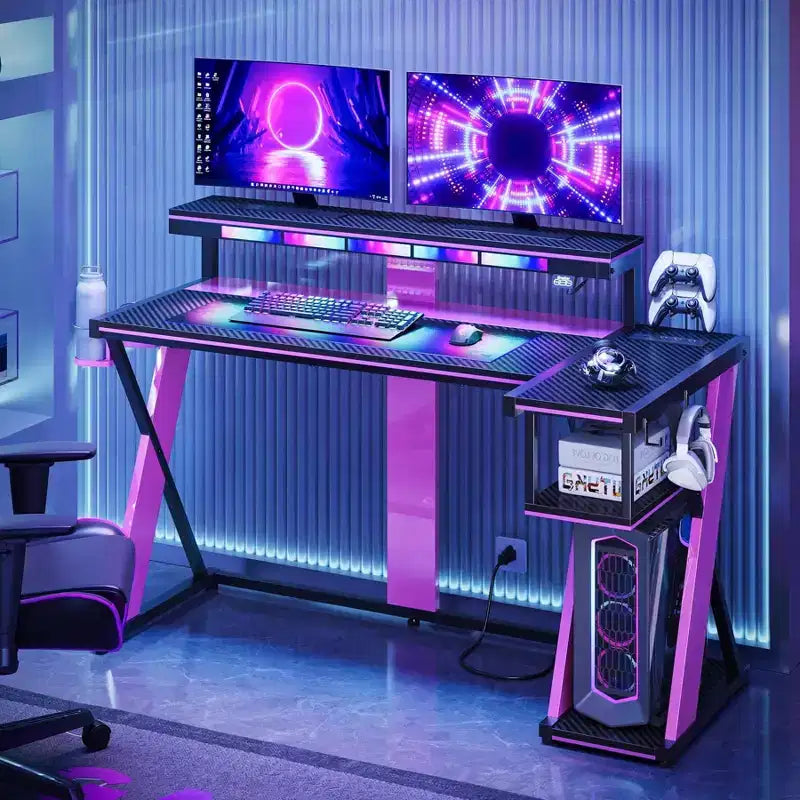 Scrivania angolare a L da gaming nera/viola con luci LED, 107 cm o 145 cm, per utente singolo