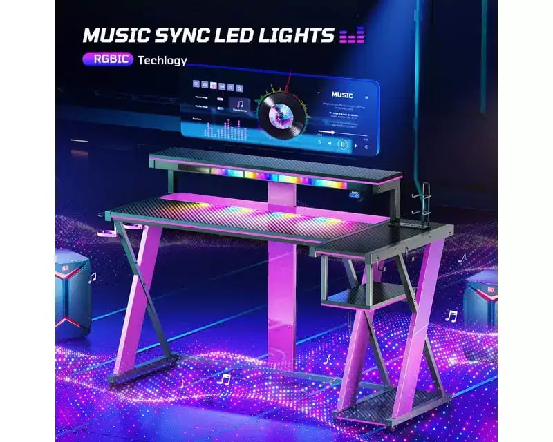 Scrivania angolare a L da gaming nera/viola con luci LED, 107 cm o 145 cm, per utente singolo
