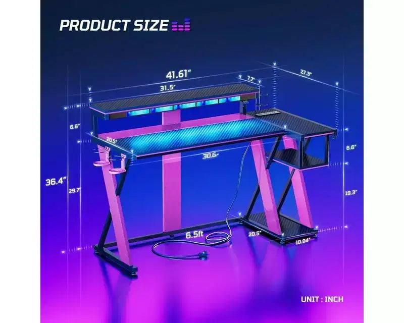 Scrivania angolare a L da gaming nera/viola con luci LED, 107 cm o 145 cm, per utente singolo