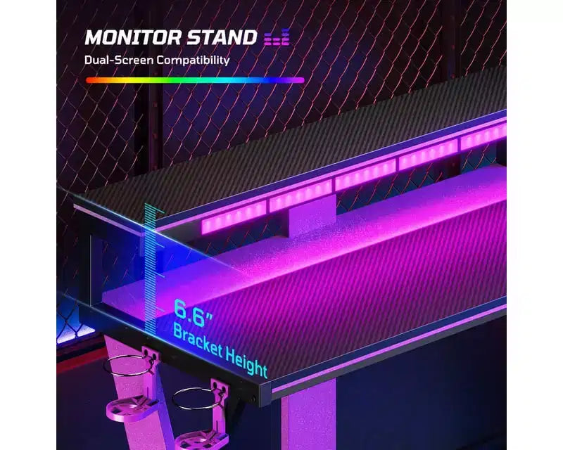 Scrivania angolare a L da gaming nera/viola con luci LED, 107 cm o 145 cm, per utente singolo