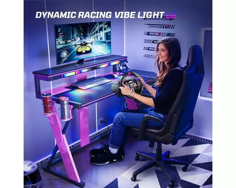 Scrivania angolare a L da gaming nera/viola con luci LED, 107 cm o 145 cm, per utente singolo
