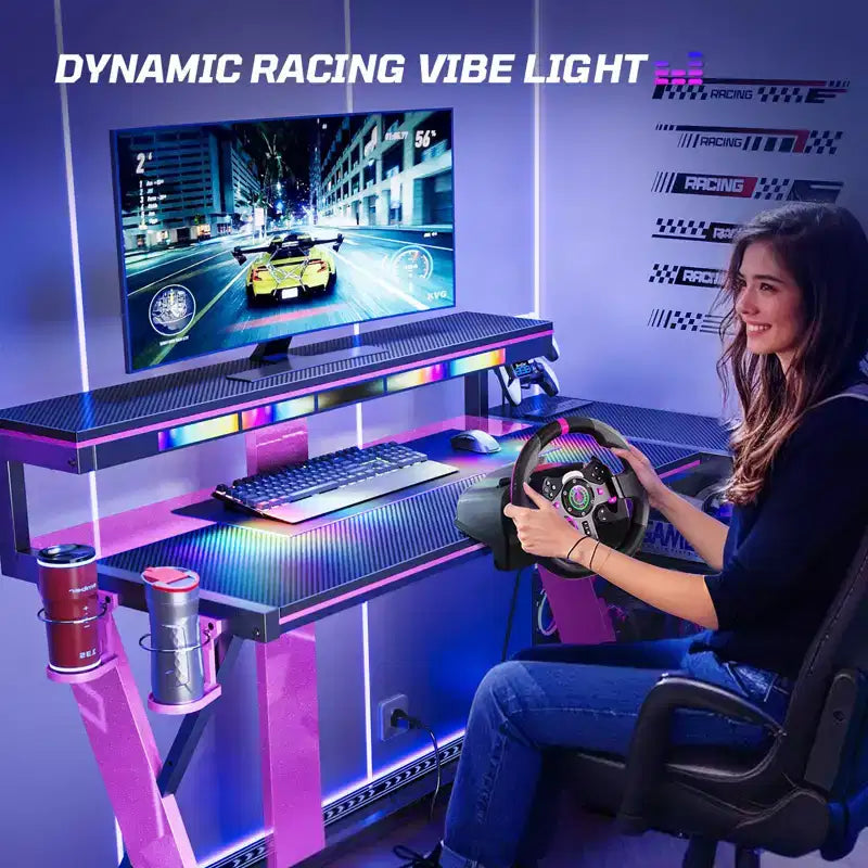 Scrivania angolare a L da gaming nera/viola con luci LED, 107 cm o 145 cm, per utente singolo