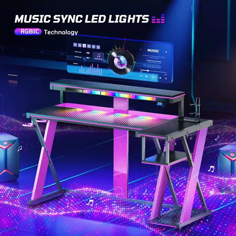 Scrivania angolare a L da gaming nera/viola con luci LED, 107 cm o 145 cm, per utente singolo