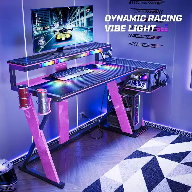 Scrivania angolare a L da gaming nera/viola con luci LED, 107 cm o 145 cm, per utente singolo