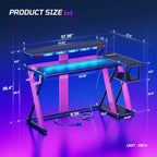 Scrivania angolare a L da gaming nera/viola con luci LED, 107 cm o 145 cm, per utente singolo