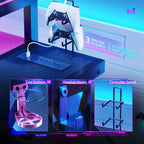 Scrivania angolare a L da gaming nera/viola con luci LED, 107 cm o 145 cm, per utente singolo
