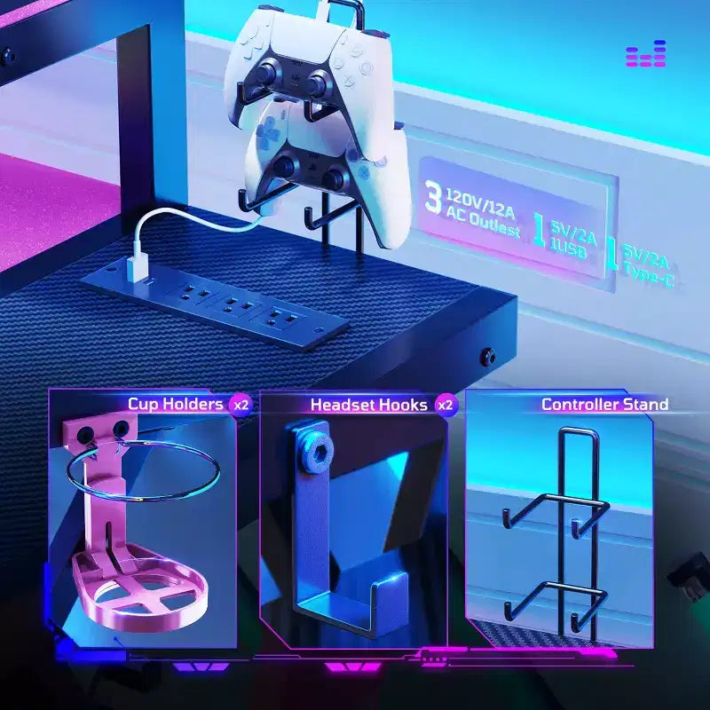 Scrivania angolare a L da gaming nera/viola con luci LED, 107 cm o 145 cm, per utente singolo