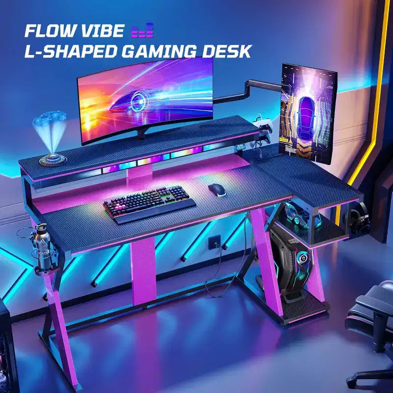 Scrivania angolare a L da gaming nera/viola con luci LED, 107 cm o 145 cm, per utente singolo